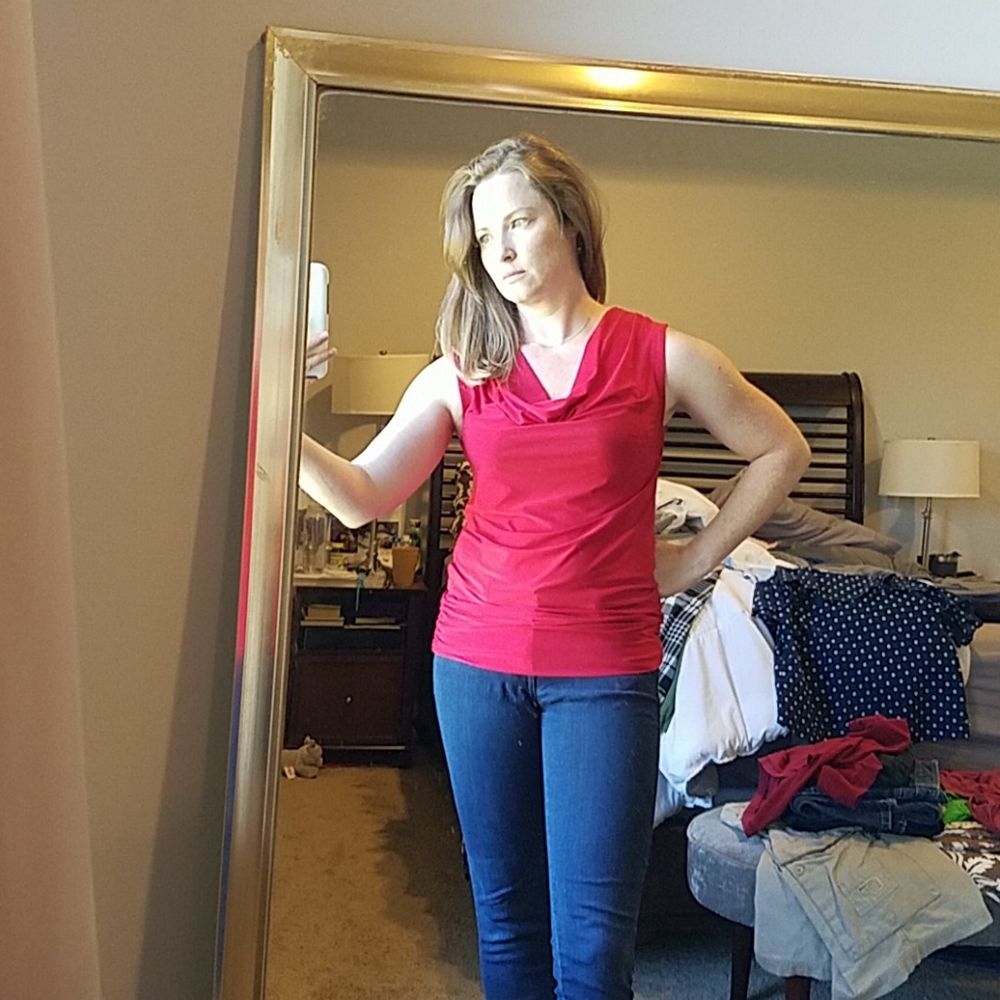 Red draped neck tank